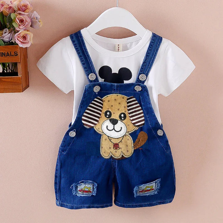 Cute baby outfit with white T-shirt and blue denim overalls featuring a cartoon dog patch