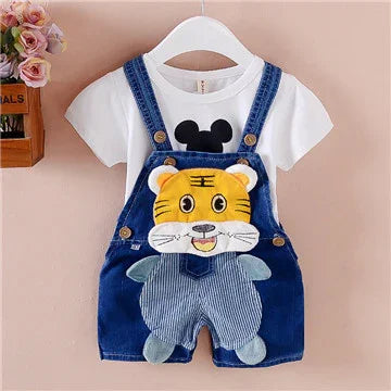 Cute toddler outfit with white Mickey Mouse t-shirt and blue denim overalls featuring a tiger face design