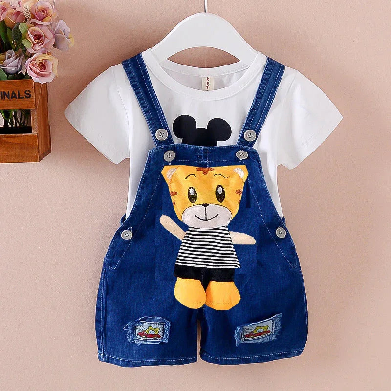 Kids denim short overalls with teddy bear patch and white t-shirt featuring black mouse ears print