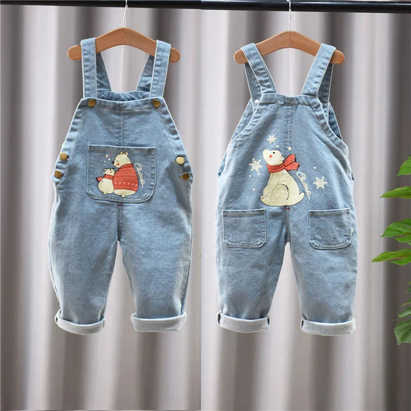 Light blue denim baby overalls with bear and winter-themed embroidery on front and back