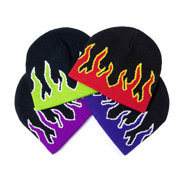 Four black knit beanies with colorful flame designs in red, green, purple, and blue