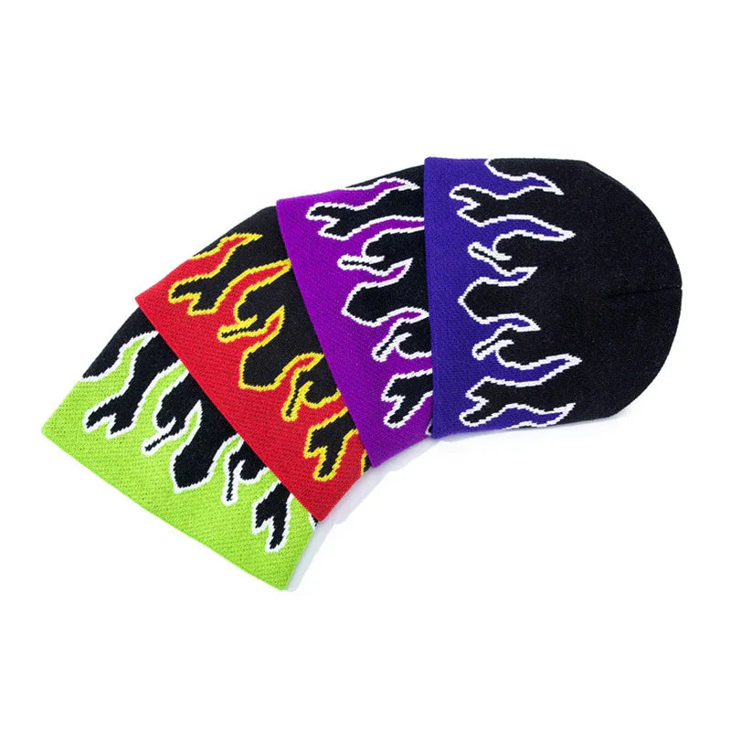 Colorful knit beanies with flame patterns in green, red, purple, and black colors