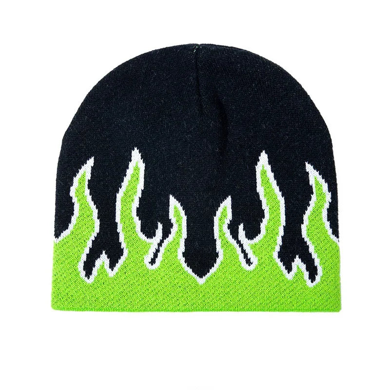 Black and neon green knit beanie hat with flame pattern design