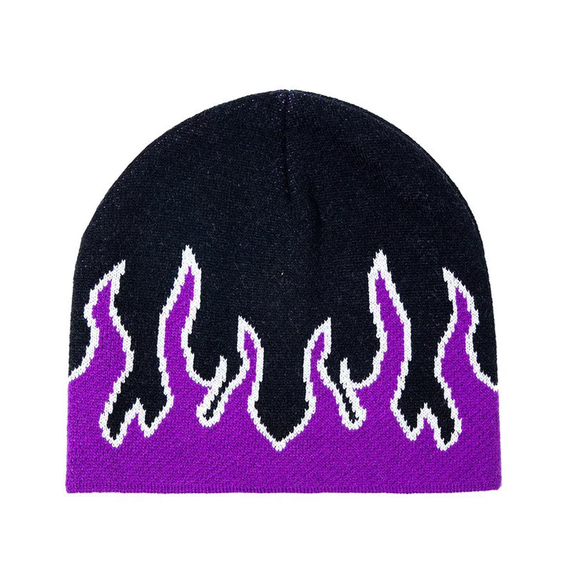 Black and purple knitted beanie hat with white outlined flame pattern