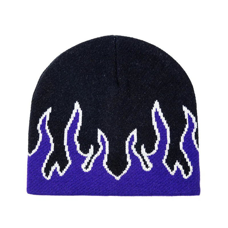 Black and purple knit beanie hat with white outlined flame design