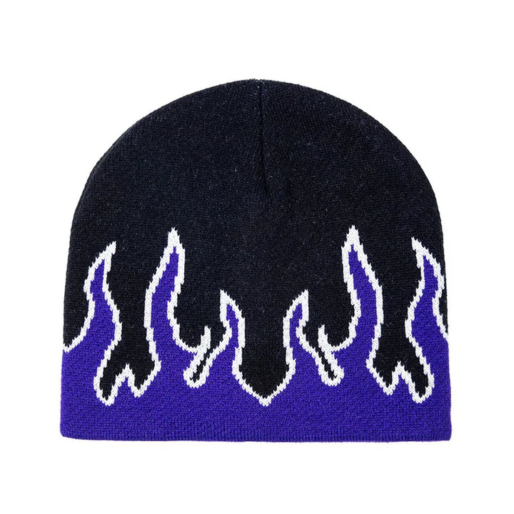 Black and purple knit beanie hat with white outlined flame design