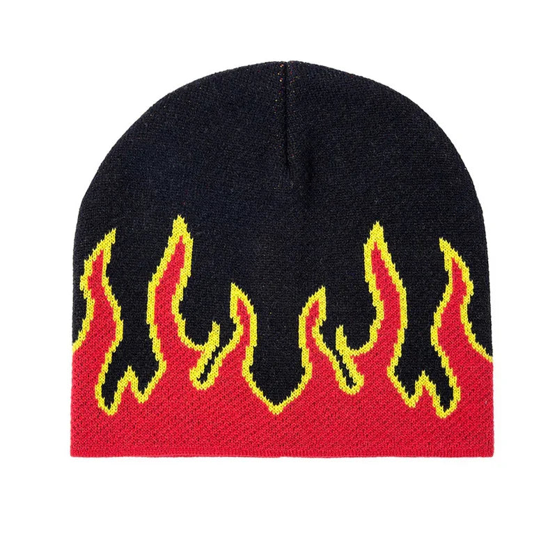 Black knit beanie hat with red and yellow flame pattern design