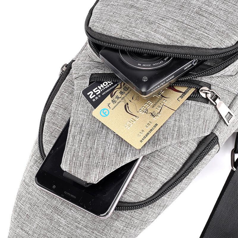 gray fabric sling bag with front zipper pockets holding a black camera, smartphone, and credit cards
