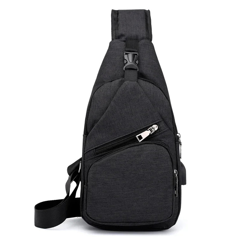 Black crossbody sling bag with multiple zippered compartments and adjustable strap