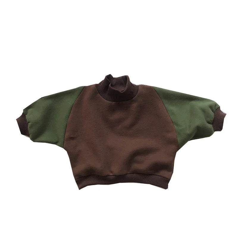 Brown and green toddler fleece pullover with ribbed collar and cuffs on white background