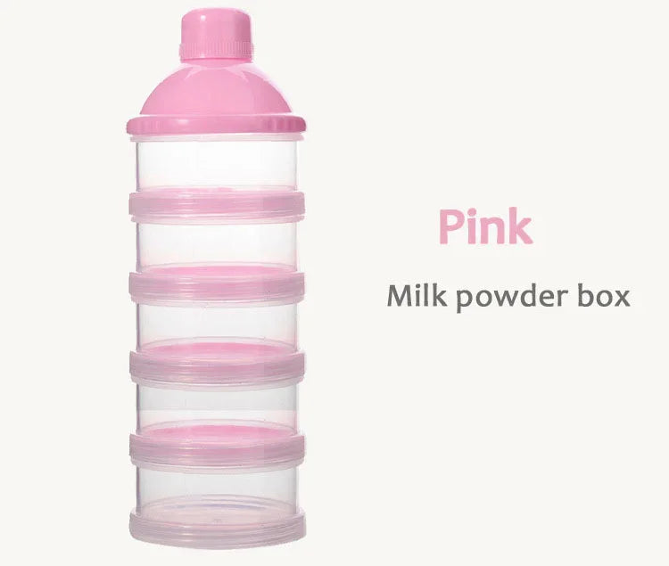 Pink milk powder storage box with four transparent compartments and screw-on lids