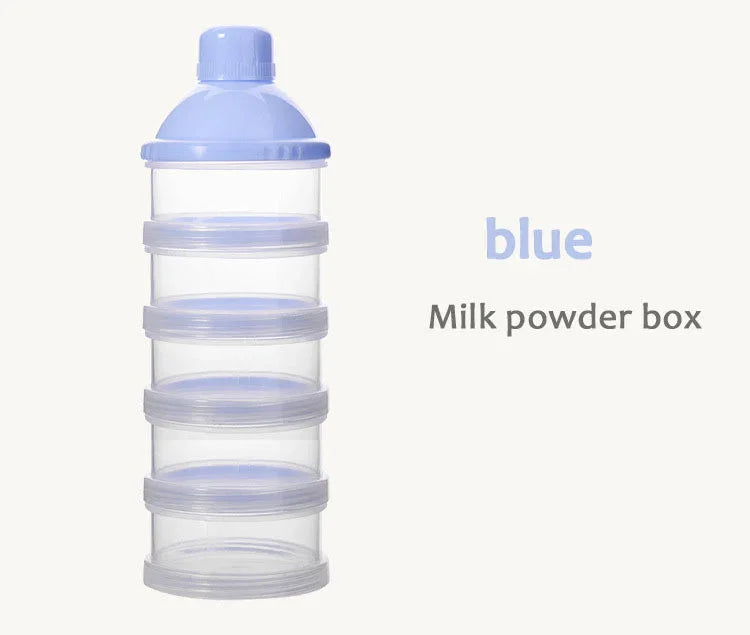 Blue milk powder box with five transparent stackable compartments and a screw-on cap