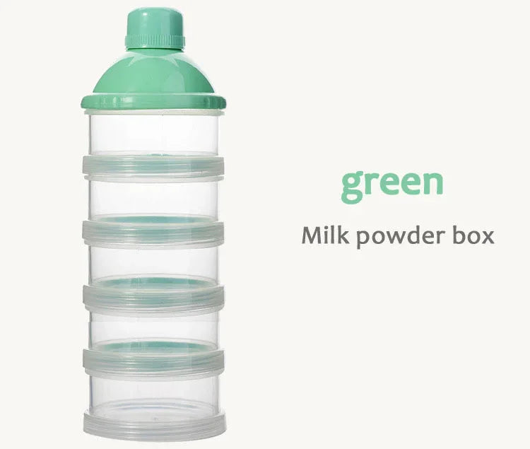 Green milk powder box with multiple transparent stackable compartments and a green cap