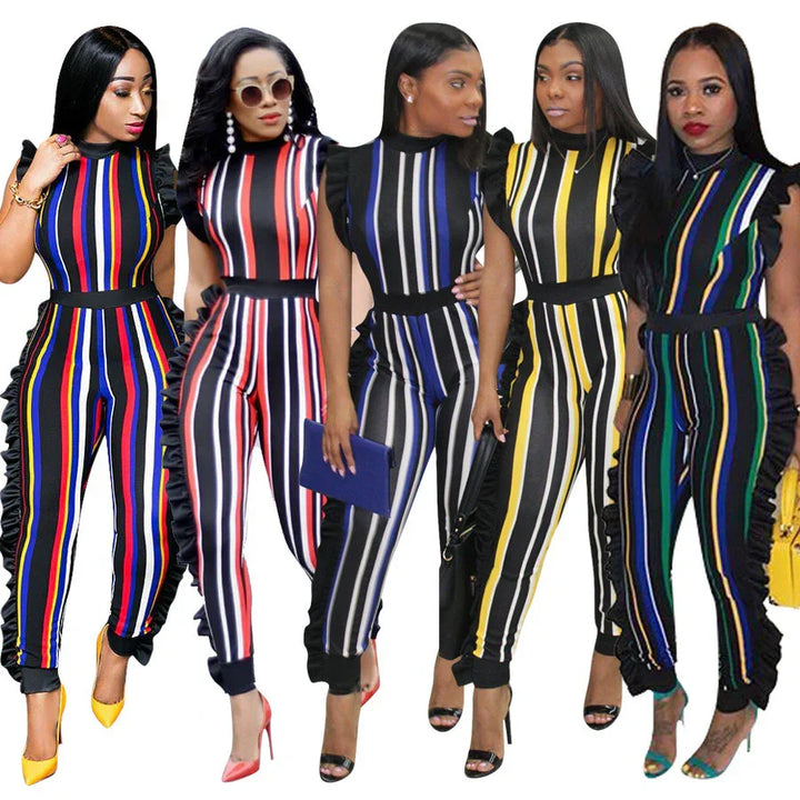 Women wearing colorful vertical striped jumpsuits with ruffle details and high heels