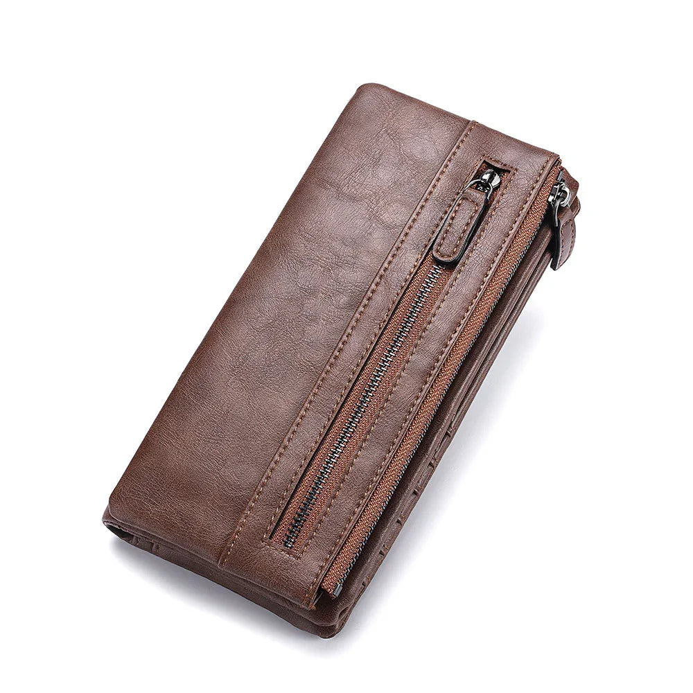 brown leather wallet with zipper pocket and stitching detail on white background