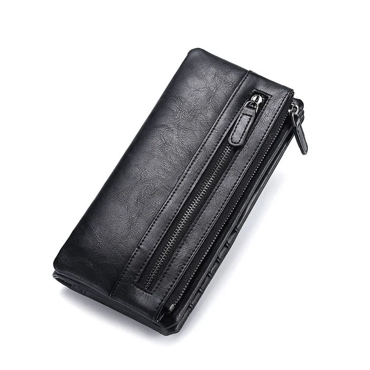 Black leather wallet with zippered compartments on white background
