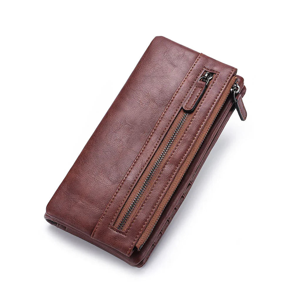 brown leather wallet with zipper pockets on white background