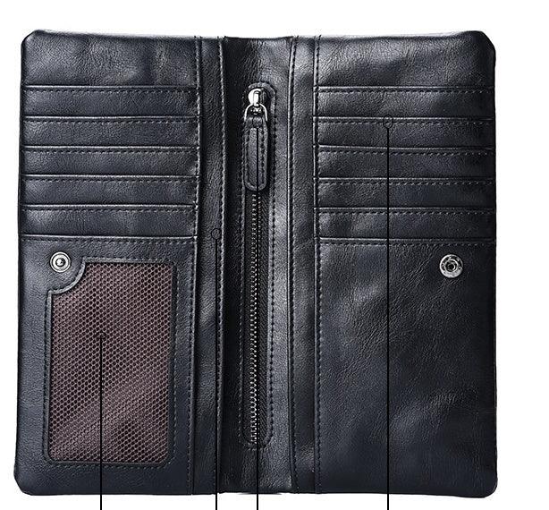 Black leather wallet open showing multiple card slots, zippered coin pocket, and clear ID window