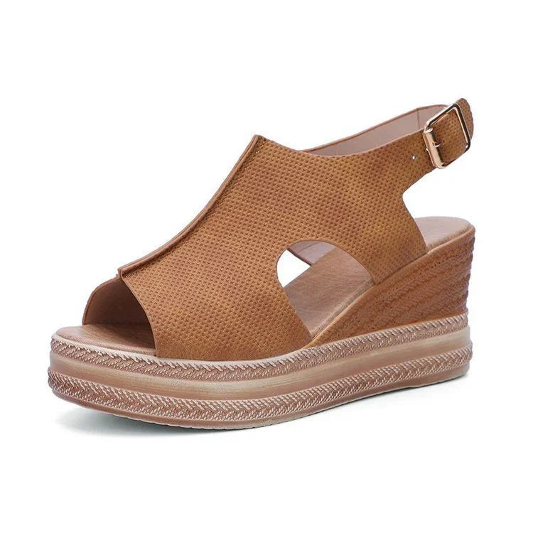 Brown textured wedge sandal with open toe and adjustable ankle strap in casual style