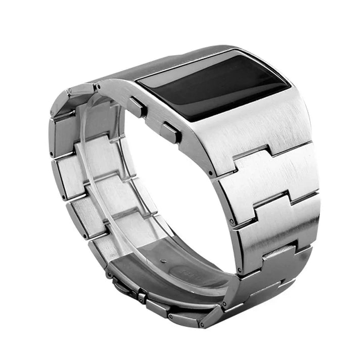 modern stainless steel smart watch with black touchscreen and metal link bracelet