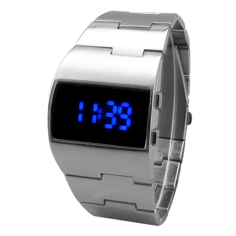 Modern stainless steel digital wristwatch with blue LED time display showing 11:39