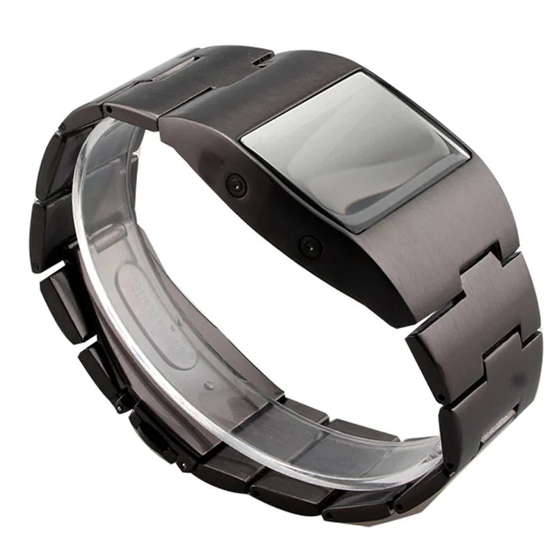 black metal digital wristwatch with rectangular face and link bracelet on white background