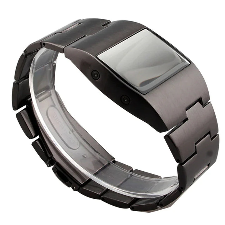 black metal digital wristwatch with rectangular face and link bracelet on white background
