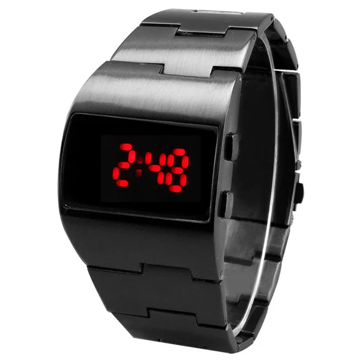 Black digital LED wristwatch with red numbers on metal linked band