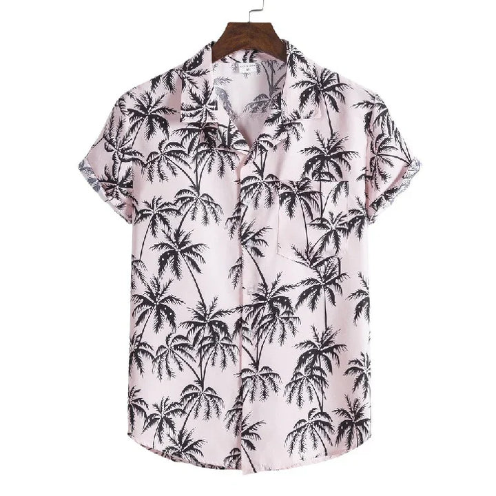 Pink short-sleeve button-up shirt with black palm tree print on wooden hanger