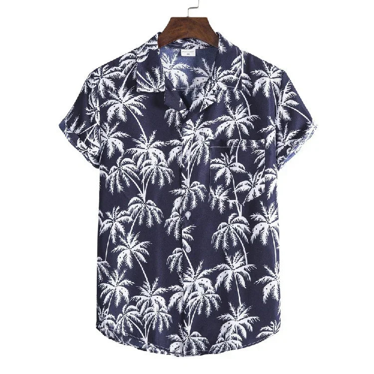 Navy blue short-sleeve Hawaiian shirt with white palm tree print and front chest pocket