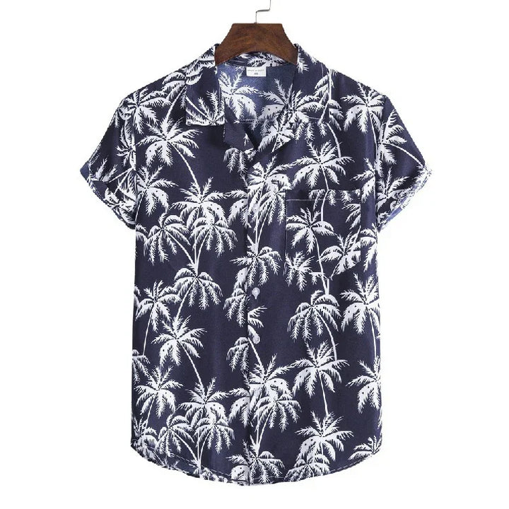 Navy blue short-sleeve Hawaiian shirt with white palm tree print and front chest pocket