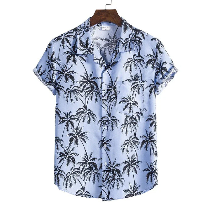 Light blue short-sleeve Hawaiian shirt with black palm tree print and front pocket