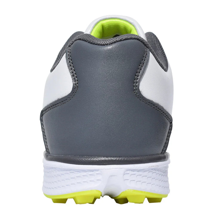 Rear view of gray and white athletic shoe with neon yellow accents and textured sole