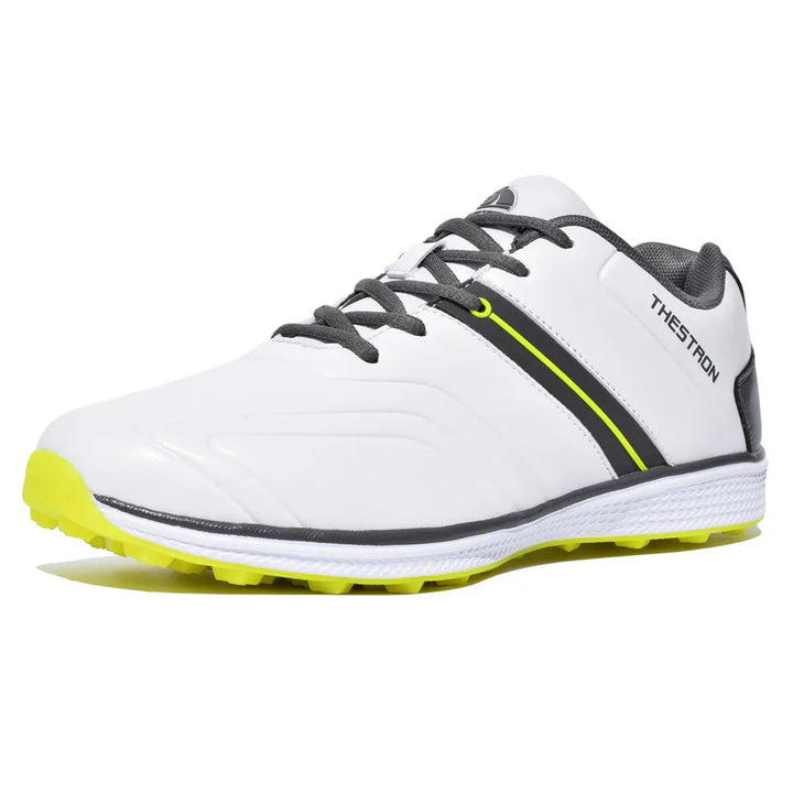 White and grey sports shoe with yellow sole and black accents, branded Thestron