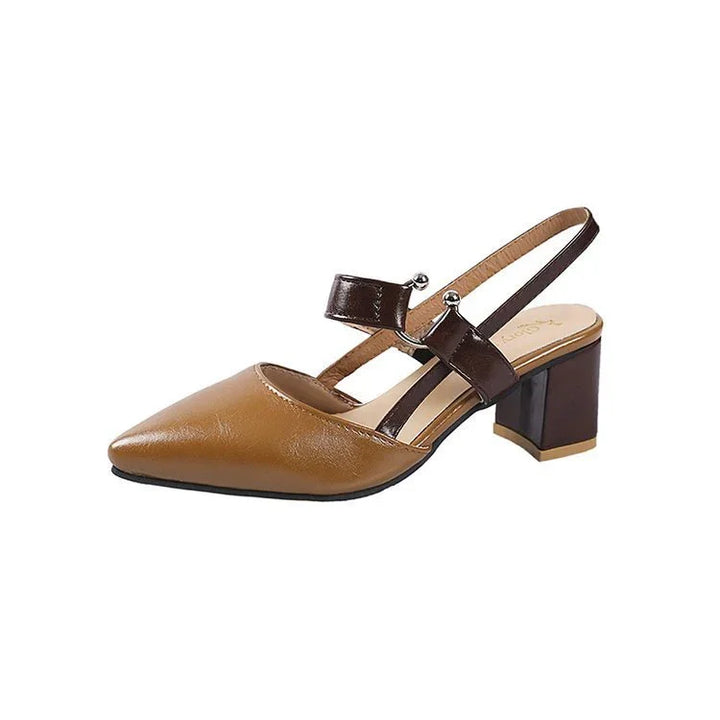 Brown pointed toe slingback block heel women's shoe with dark brown straps and silver accents