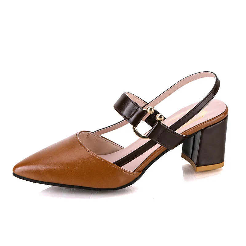 Brown pointed toe block heel slingback women's shoe with buckle strap on white background