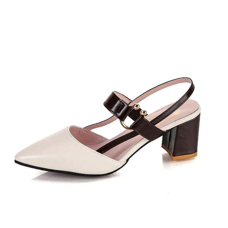 Elegant women's two-tone pointed toe block heel slingback shoe in cream and dark brown leather