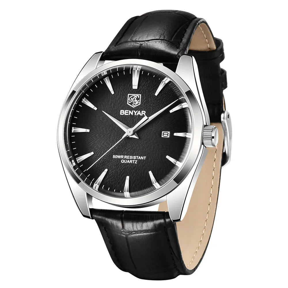 Benyar men's black leather strap quartz watch with black dial and date display