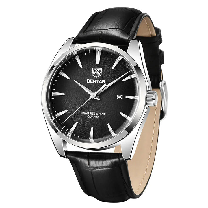 Benyar men's quartz wristwatch with black textured dial, silver markers, date window, and black leather strap