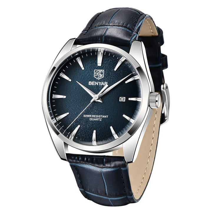 Benyar men's quartz watch with black textured dial, silver markers, date window, and black leather strap