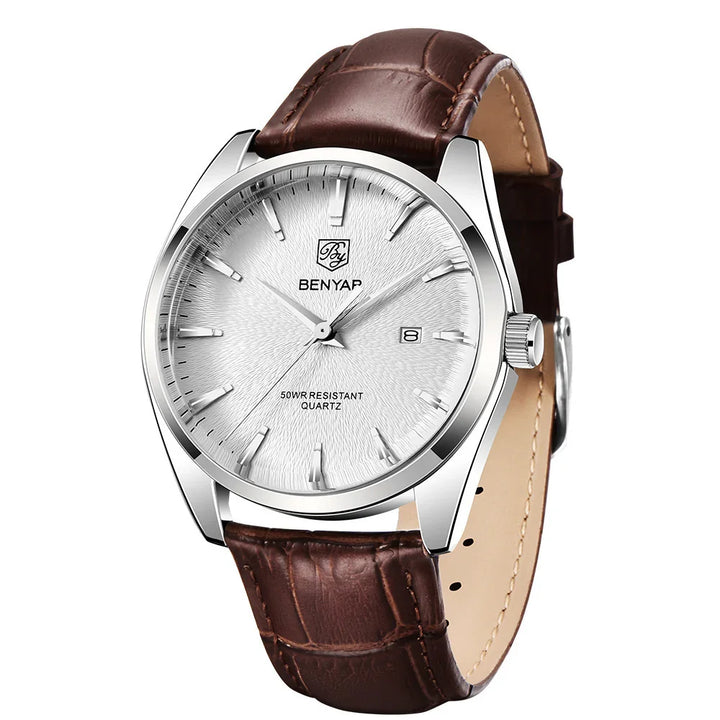 Benyap men's quartz wristwatch with silver dial, date display, and brown leather strap