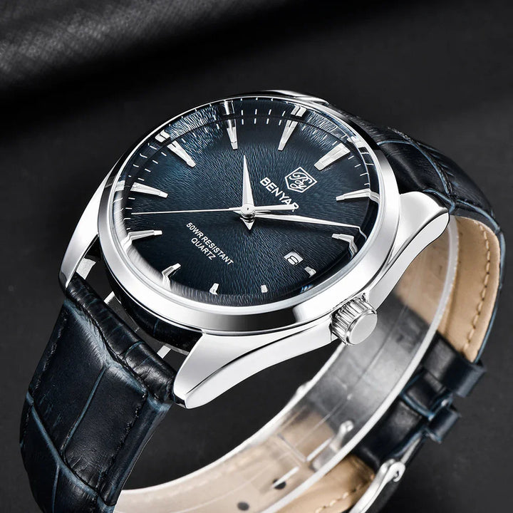 Close-up of BENYAR men's quartz wristwatch with black textured dial and leather strap