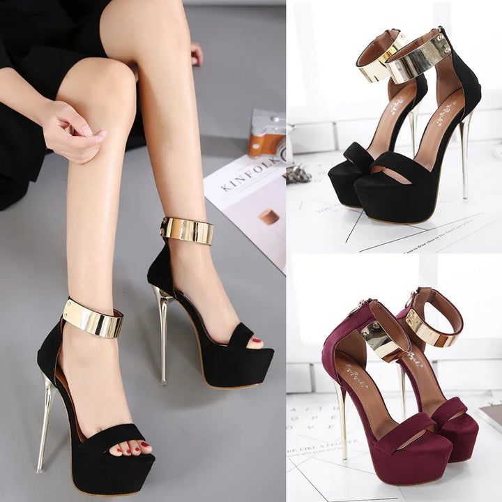 High heel platform sandals with gold ankle strap and stiletto heel in black and burgundy colors