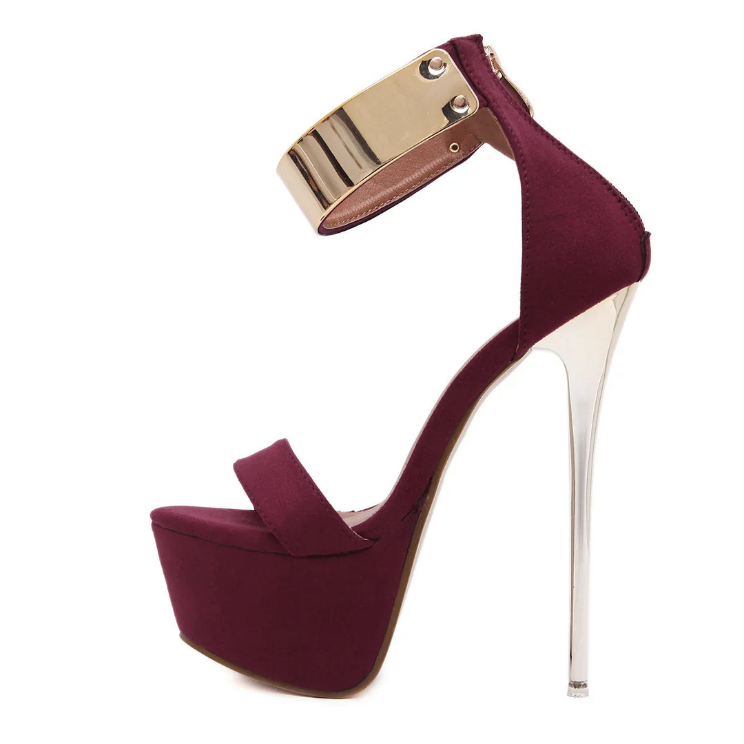 Maroon platform stiletto heel sandal with gold ankle strap and metallic silver heel