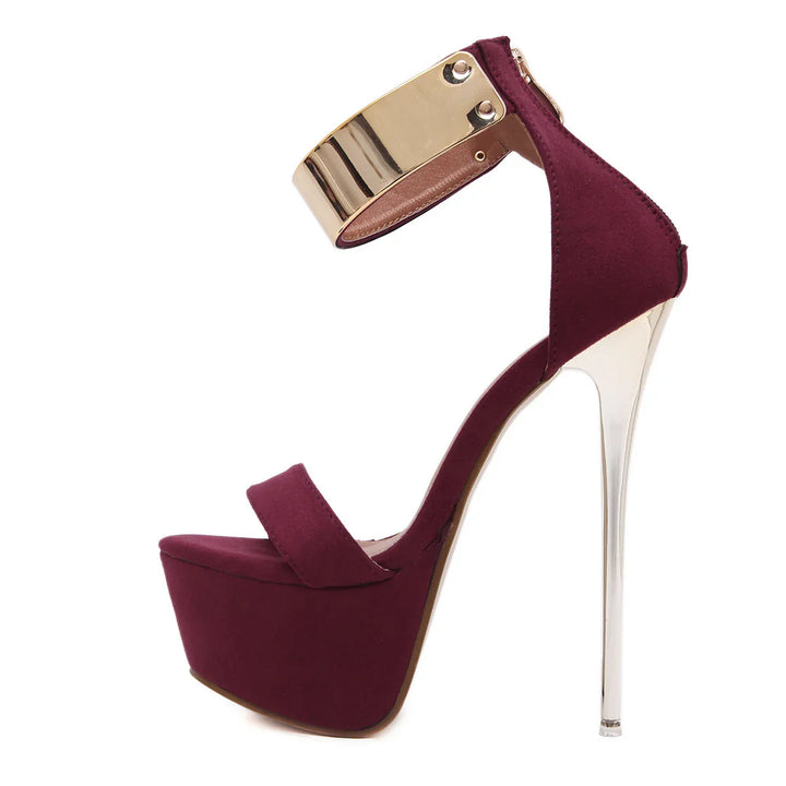 Maroon platform stiletto heel sandal with gold ankle strap and metallic silver heel