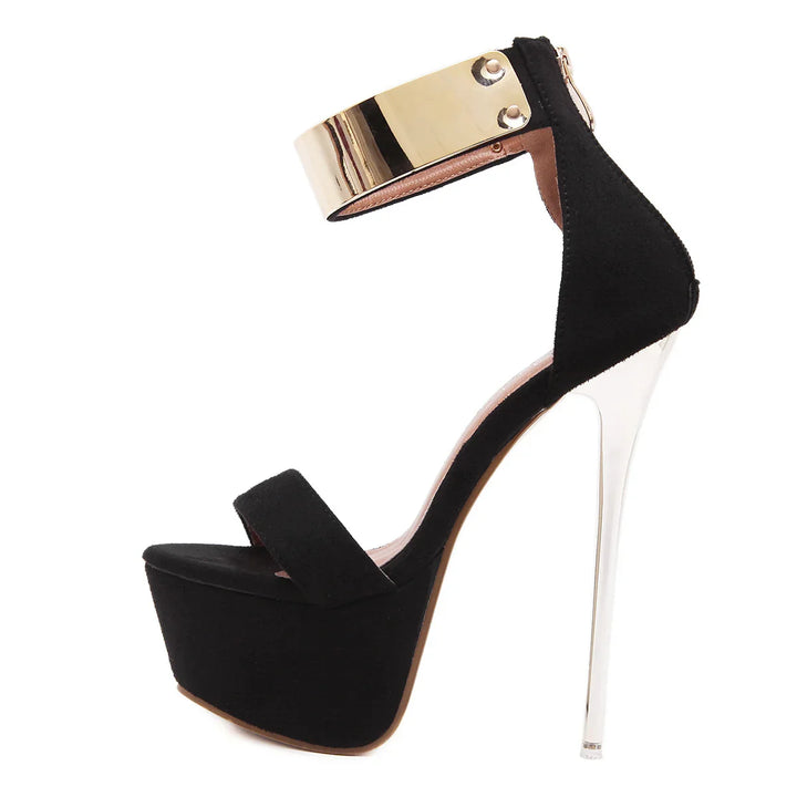 Black suede platform stiletto heel sandal with gold ankle strap and silver metallic heel