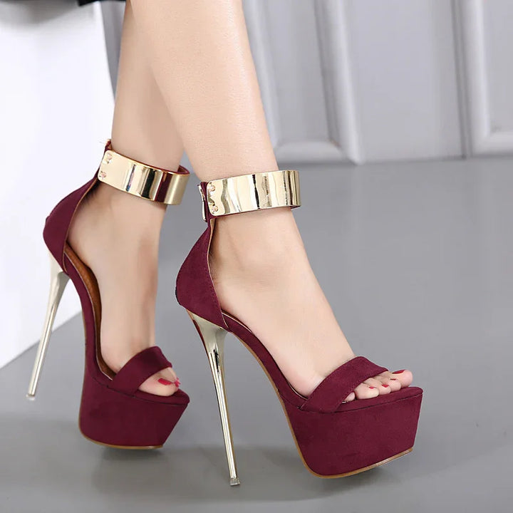 Elegant women's high-heeled platform sandals in burgundy with gold ankle strap and metallic stiletto heels
