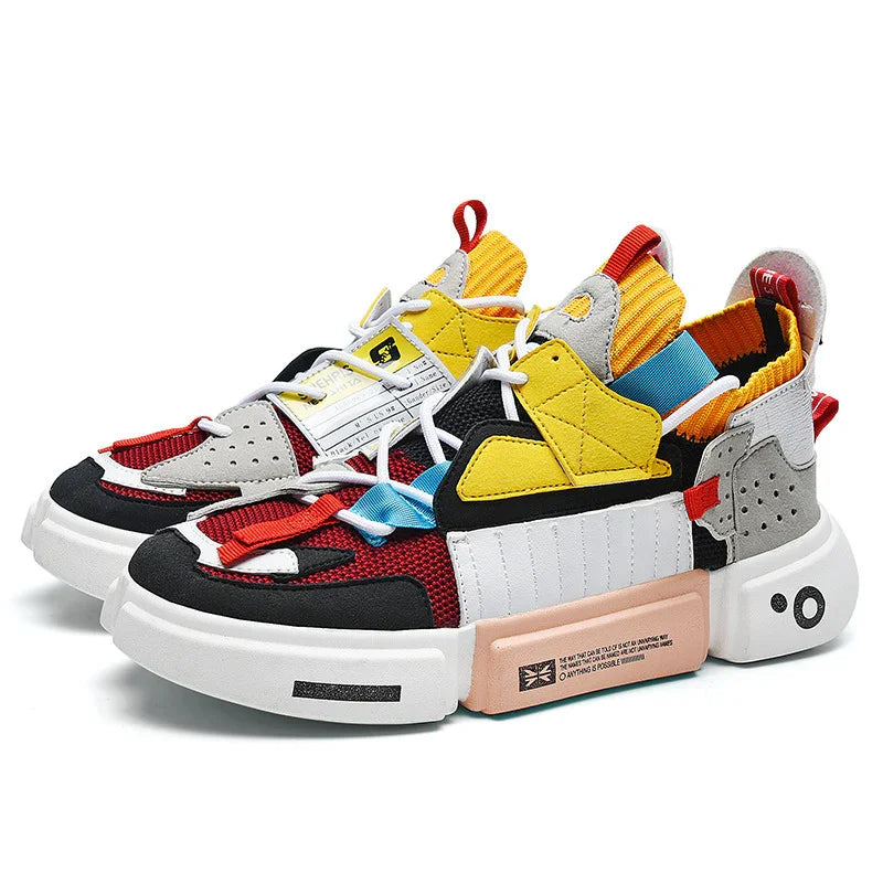 Colorful modern casual sneakers with red, yellow, blue, black, and white accents on white background