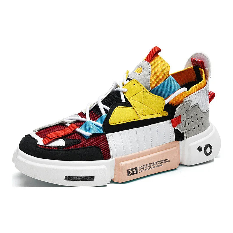 Colorful modern sneaker with red, yellow, blue, black, and white accents and chunky white sole