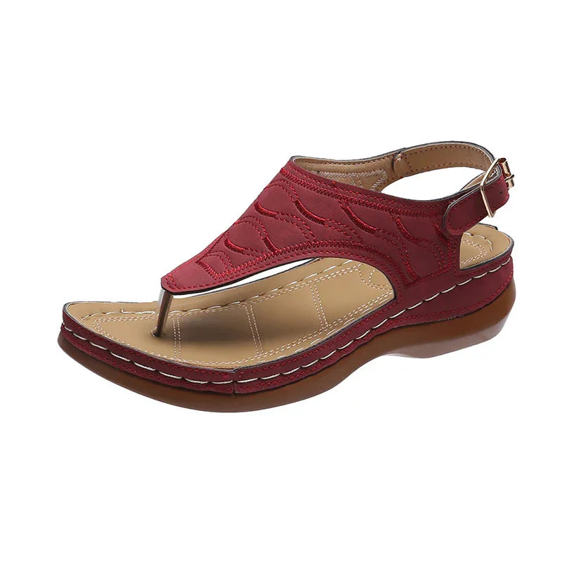 Red leather women's thong sandal with adjustable ankle strap and cushioned tan footbed